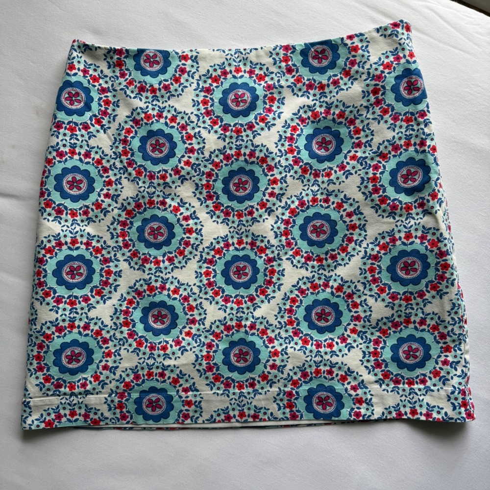 Talbots Floral Medallion A-Line Skirt Blue Pink Cotton Size 14 Summer Fest